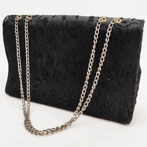 Vintage 1960s MOD Black Brocade Evening Bag Envelope Purse Gold Chain Strap Gem - Picture 6 of 9